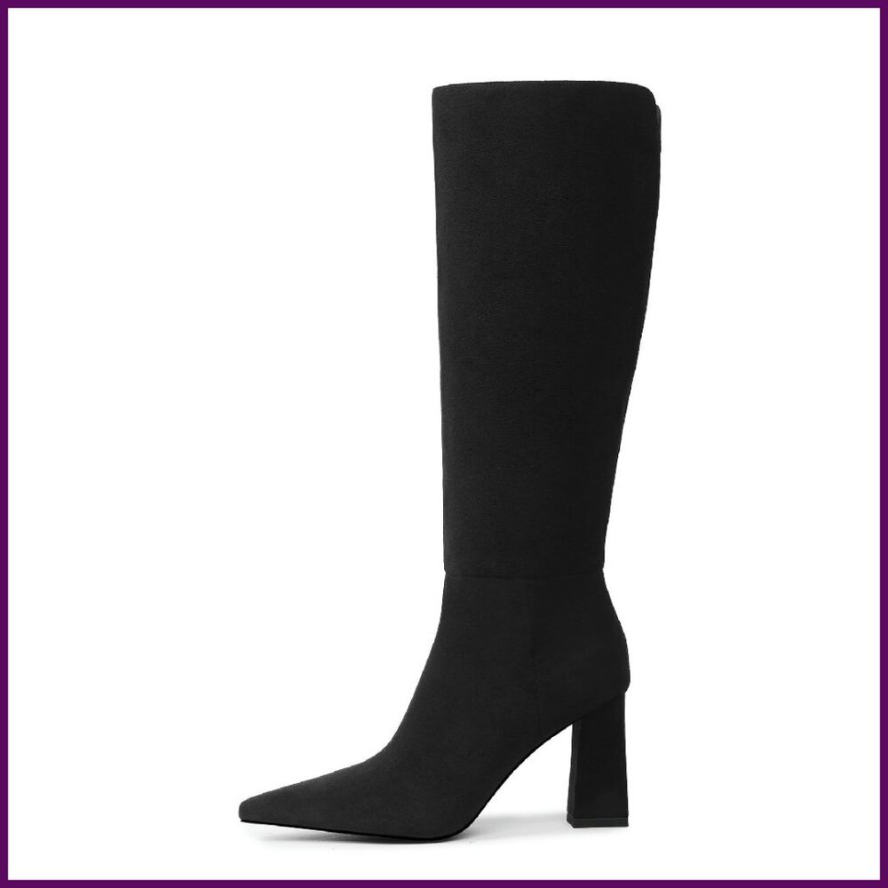 Knee High Boots Chunky Heel Pointed Toe Leather Side Zipper Women's Size